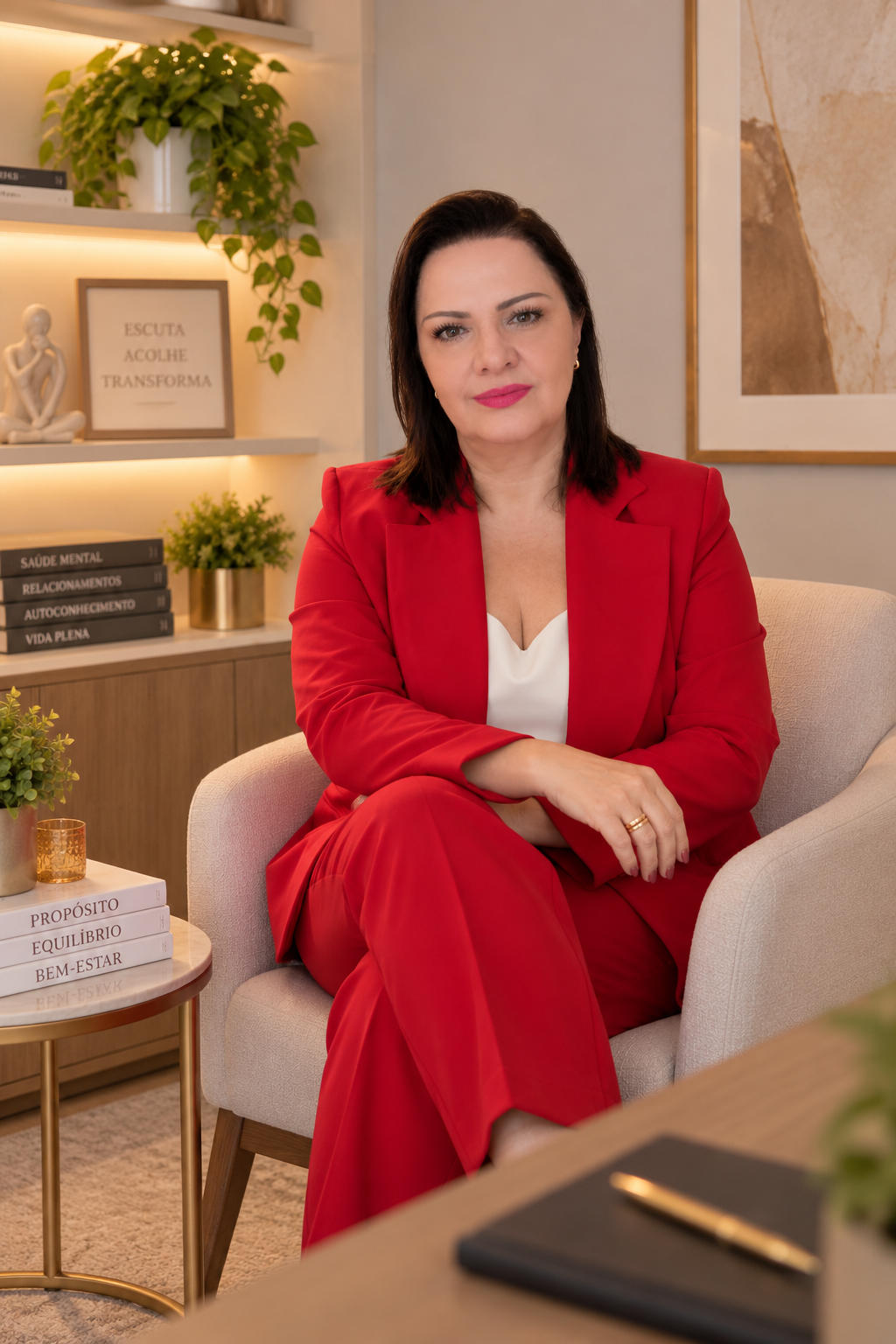 Maria Cristina Delattre, psicóloga clínica, sorrindo no consultório